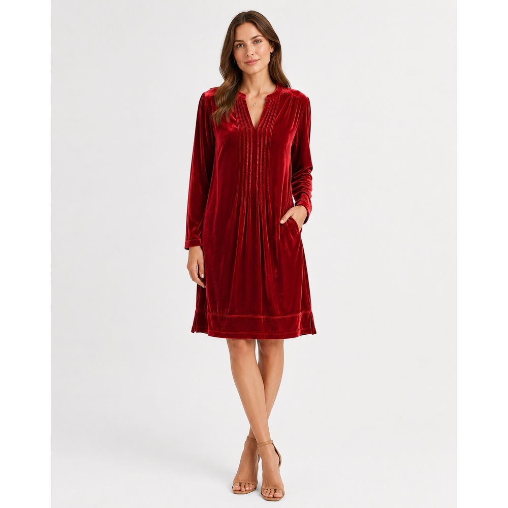 Sundance Red Velvet Silk Blend Pintuck Split Neck Long Sleeve Shift Dress Medium